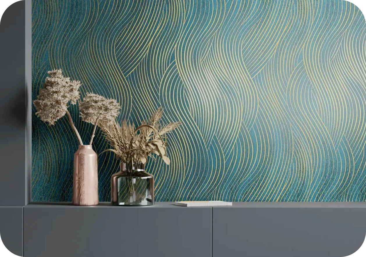 Gold and green wallpaper with stripe wave texture